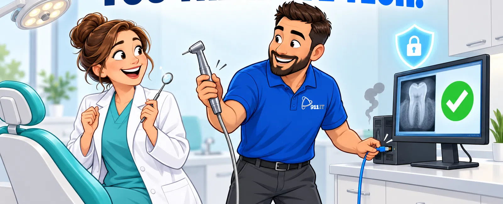 Dentist smiles holding dental tool while IT technician connects computer showing tooth X-ray and security icon.