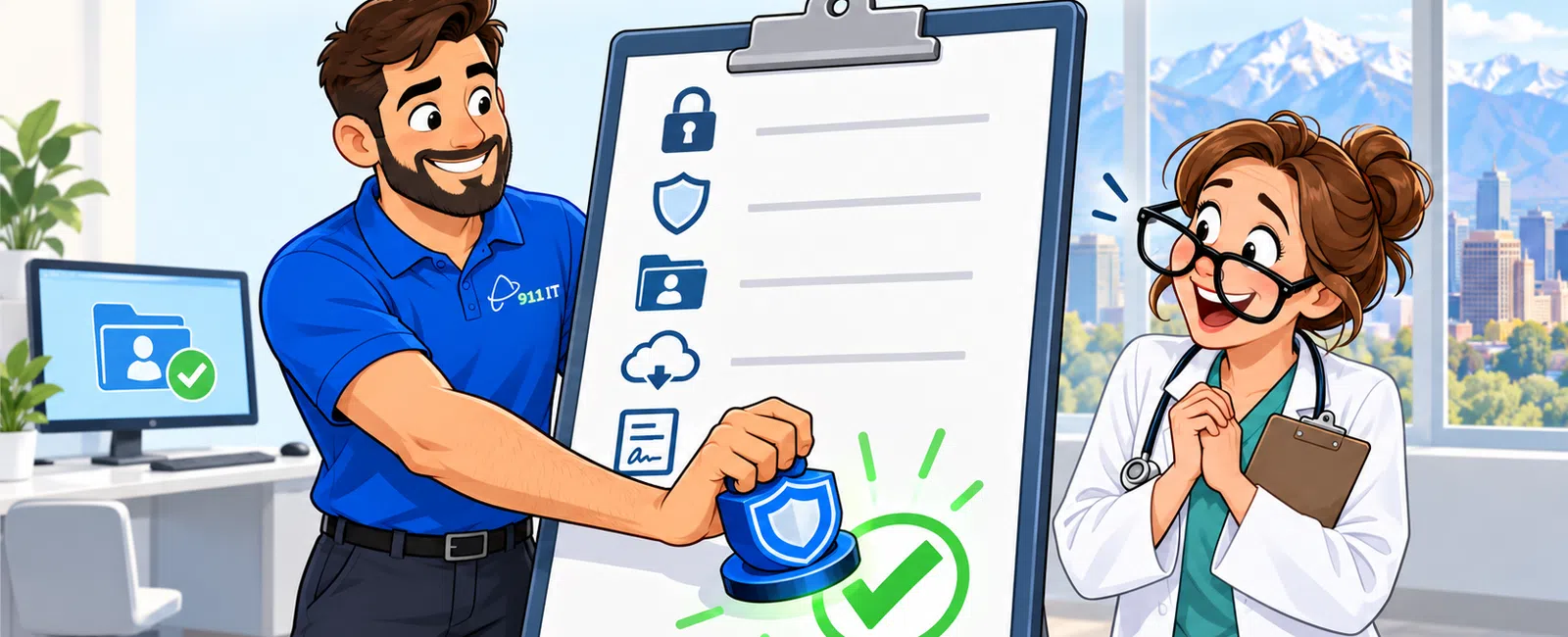 Man stamping compliance checklist with shield icon as woman in lab coat smiles in modern office with city view.