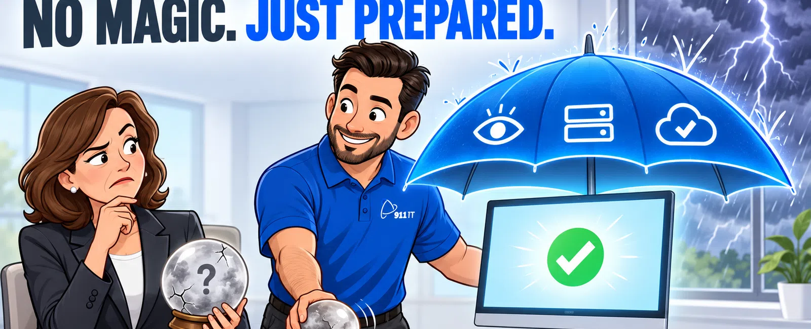 Man in blue shirt secures computer with glowing umbrella while woman skeptically holds cracked crystal ball indoors.