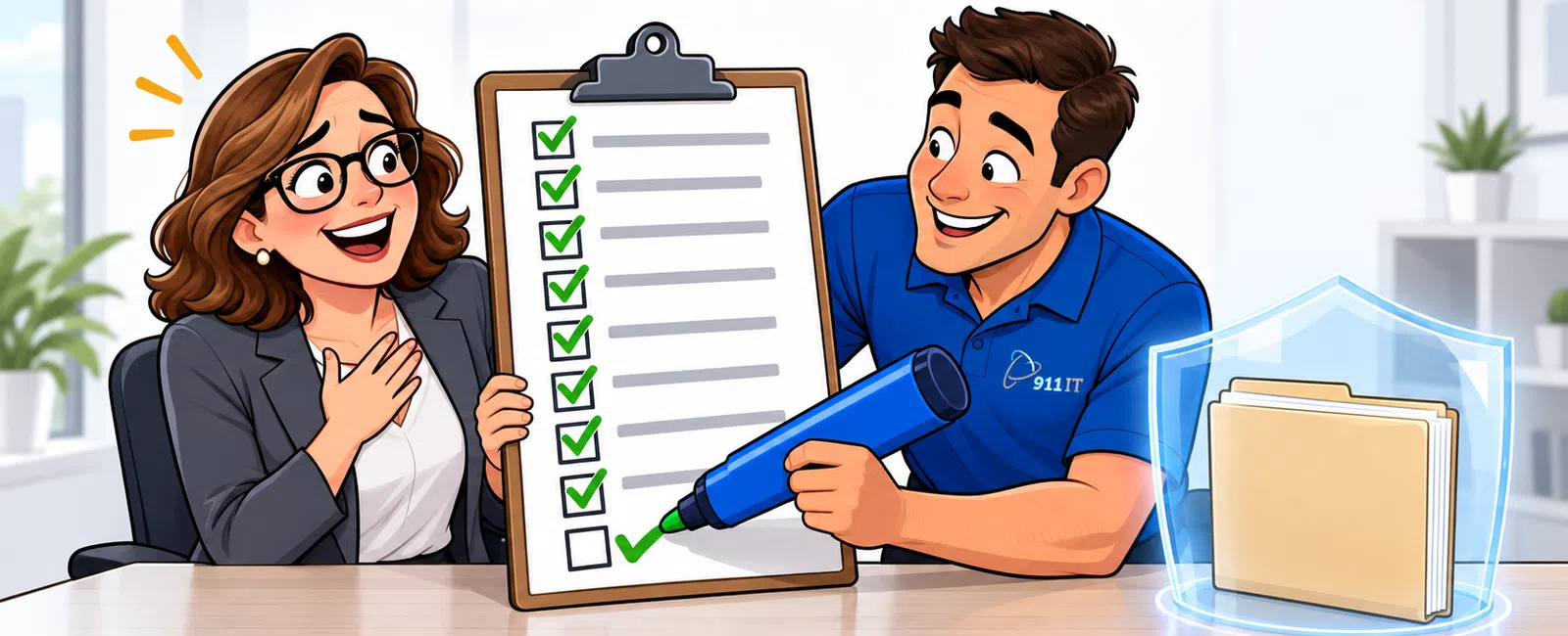 Man in blue shirt checks off checklist on clipboard for happy woman in office with secure folder shield icon.