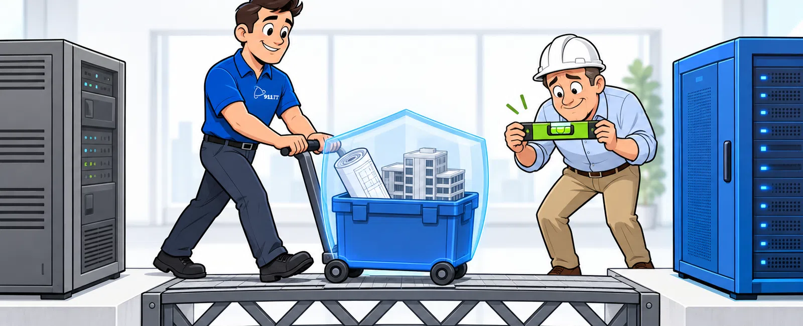Two men transporting data securely across a bridge with text 'Move Data. Not Deadlines.' in a tech environment.