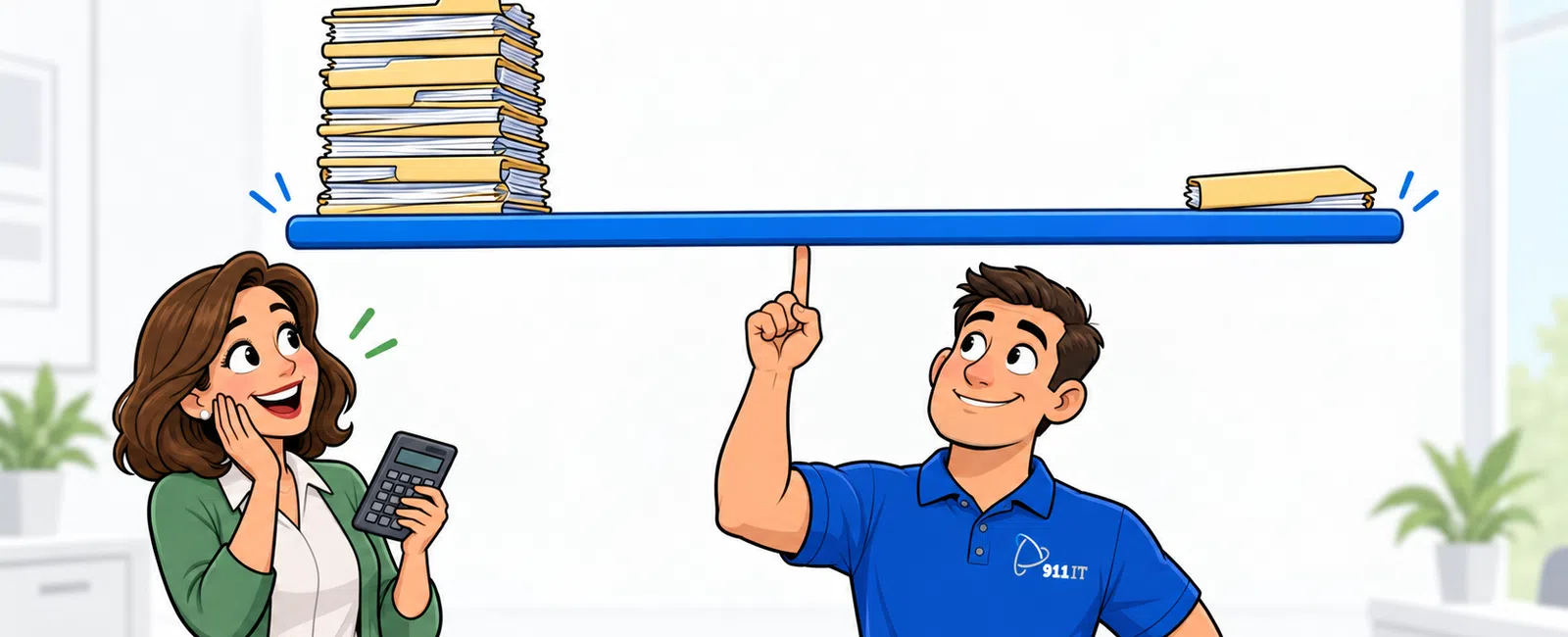 Man balances a board with heavy and light stacks of books, woman holds calculator, text reads 'Busy or quiet. Same support.'
