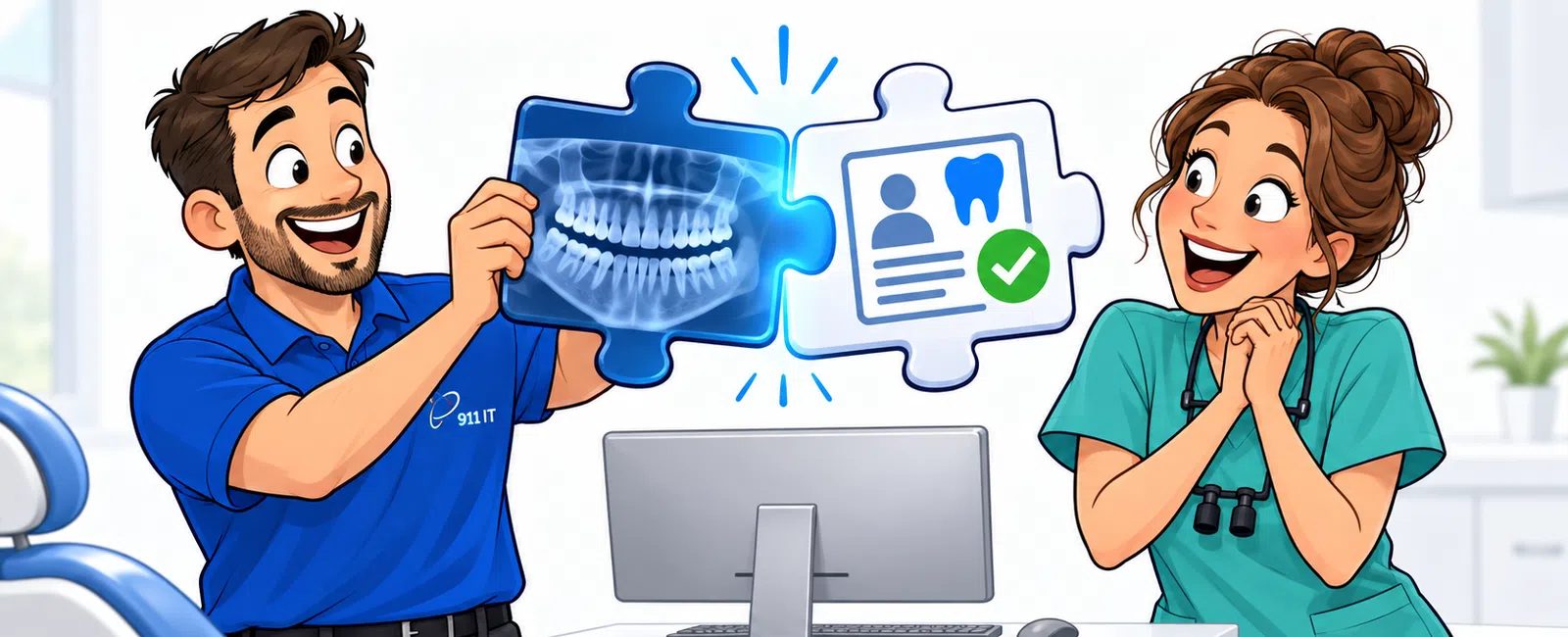 Smiling man and dentist excitedly fitting dental X-ray and patient record puzzle pieces together in clinic