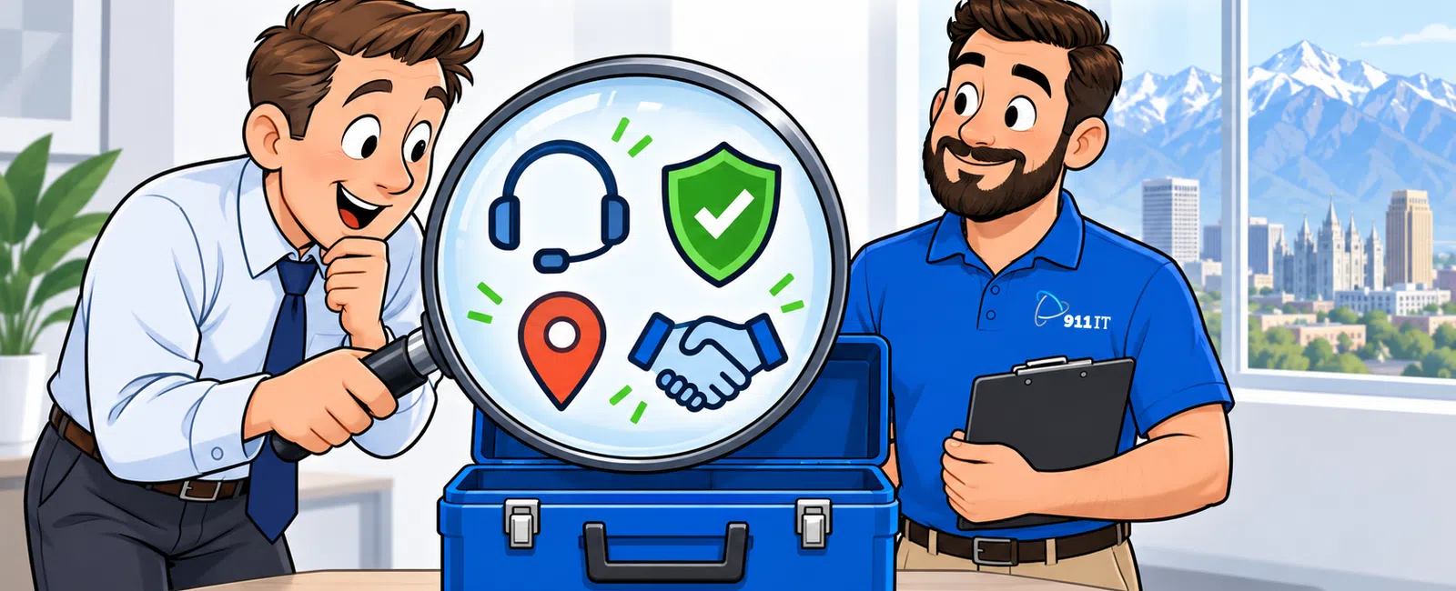 Two men compare customer support icons through a magnifying glass over a blue toolbox in an office with a mountain view.