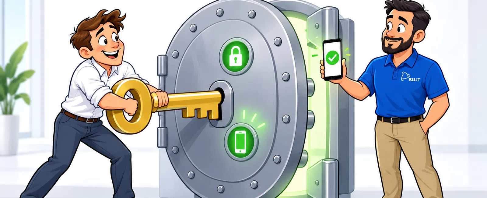 Two men showing dual security with a large key and smartphone unlocking a secure safe door together.