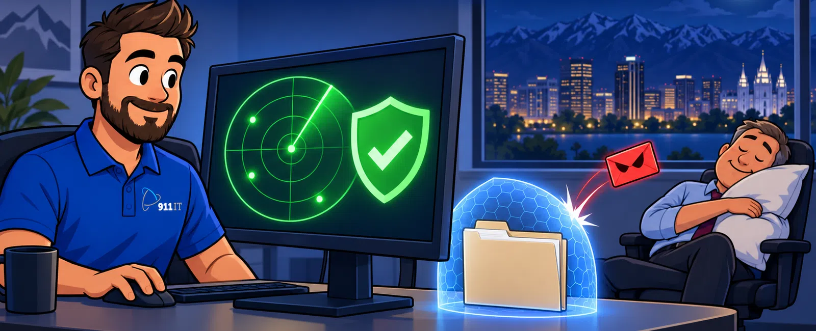 IT professional monitors cybersecurity radar and shield overnight while a coworker sleeps peacefully under moonlight.