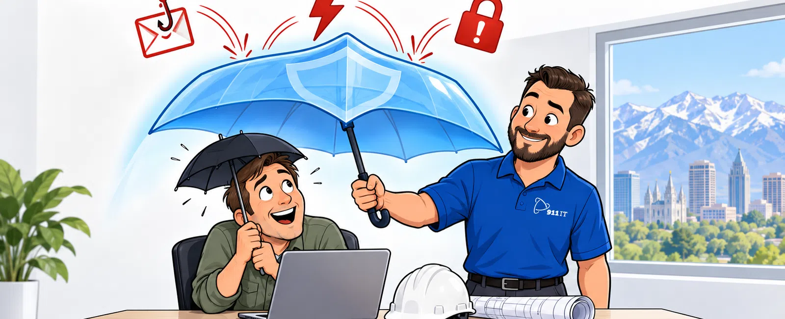 Small business owner smiling under umbrella shielded from cyber threats by IT professional holding a large protective umbrella.