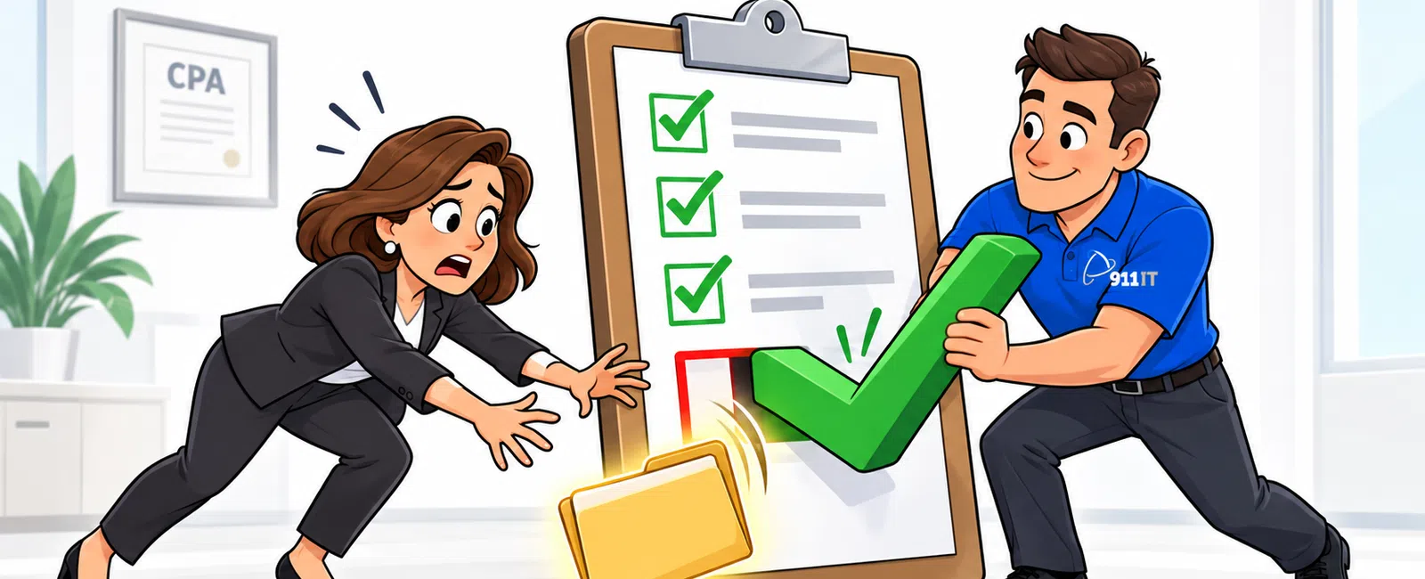 Businesswoman misses checking a box on clipboard, while man in blue shirt helps with a large green checkmark