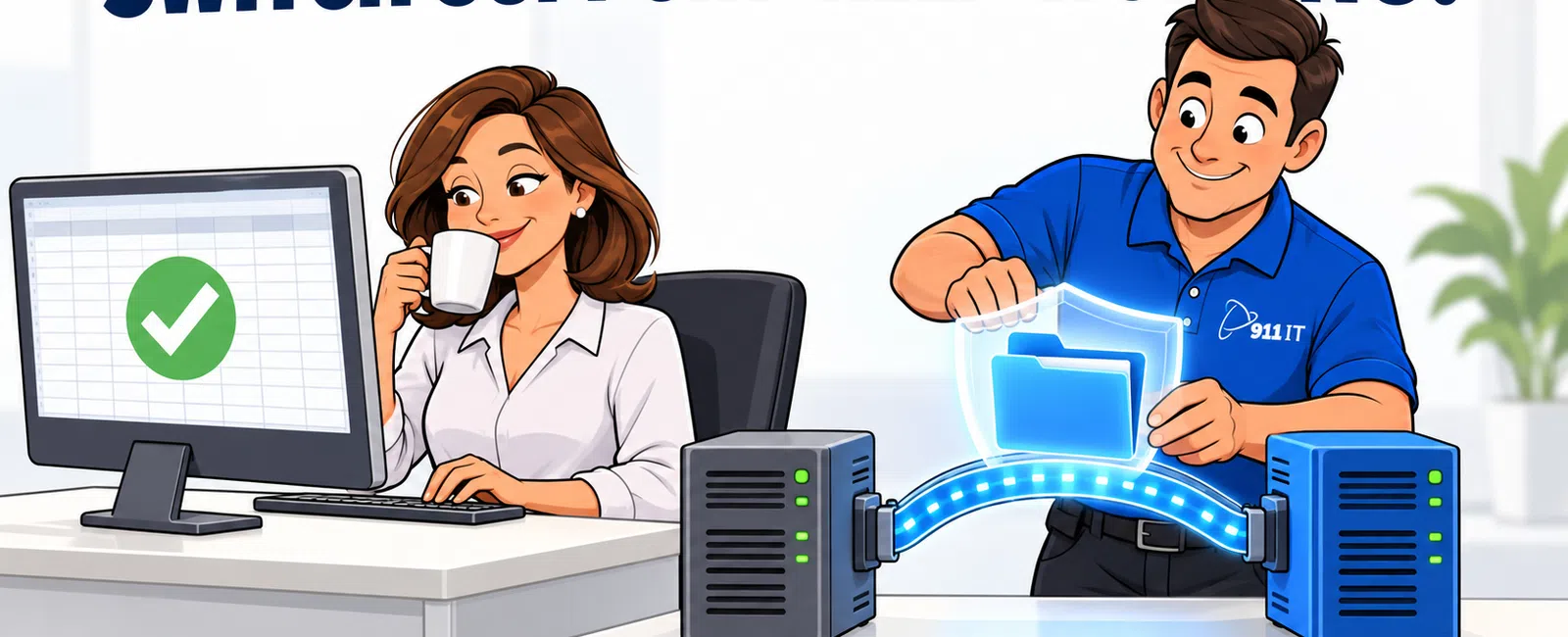 IT technician transfers digital files between servers as woman works on computer with switch support message above.