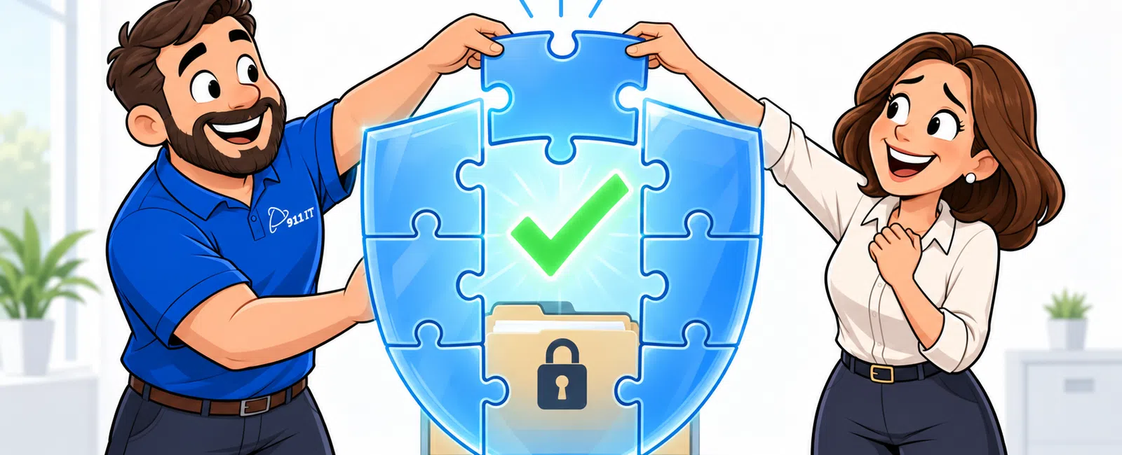 Man and woman assemble puzzle shield with lock and checkmark symbolizing security and one plan concept.