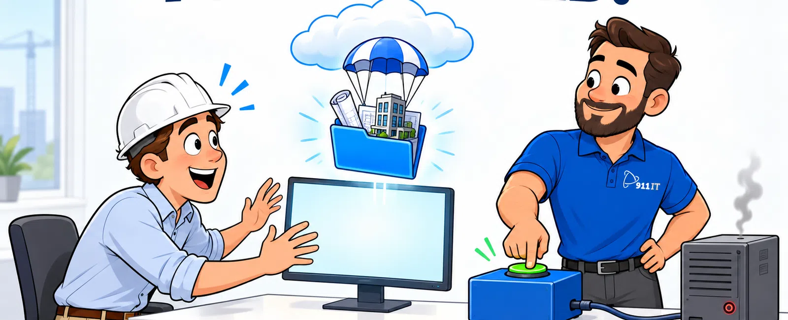 Engineer wearing hard hat happily reacts as IT professional saves project files from computer with cloud backup.