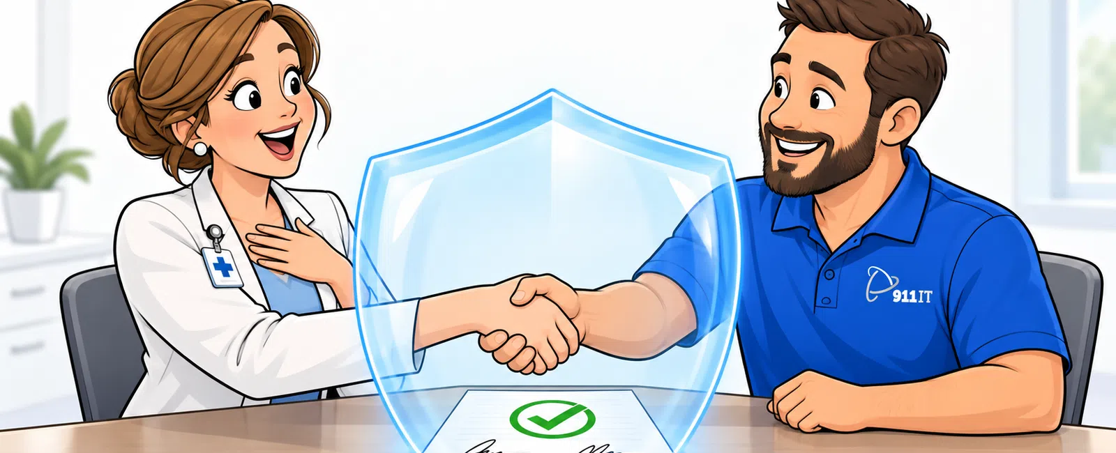 Doctor and IT professional shaking hands over a signed, sealed document with a security shield icon between them.