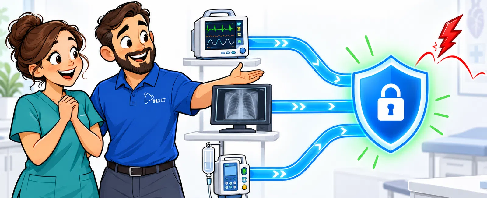 Medical professionals secure patient data with encrypted digital devices in a hospital setting, emphasizing protection and connectivity.