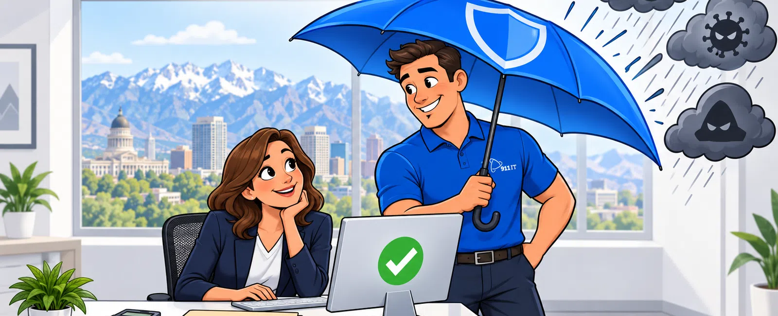 CPA professional shields a woman working on tax documents from ominous clouds with a blue umbrella inside a modern office.