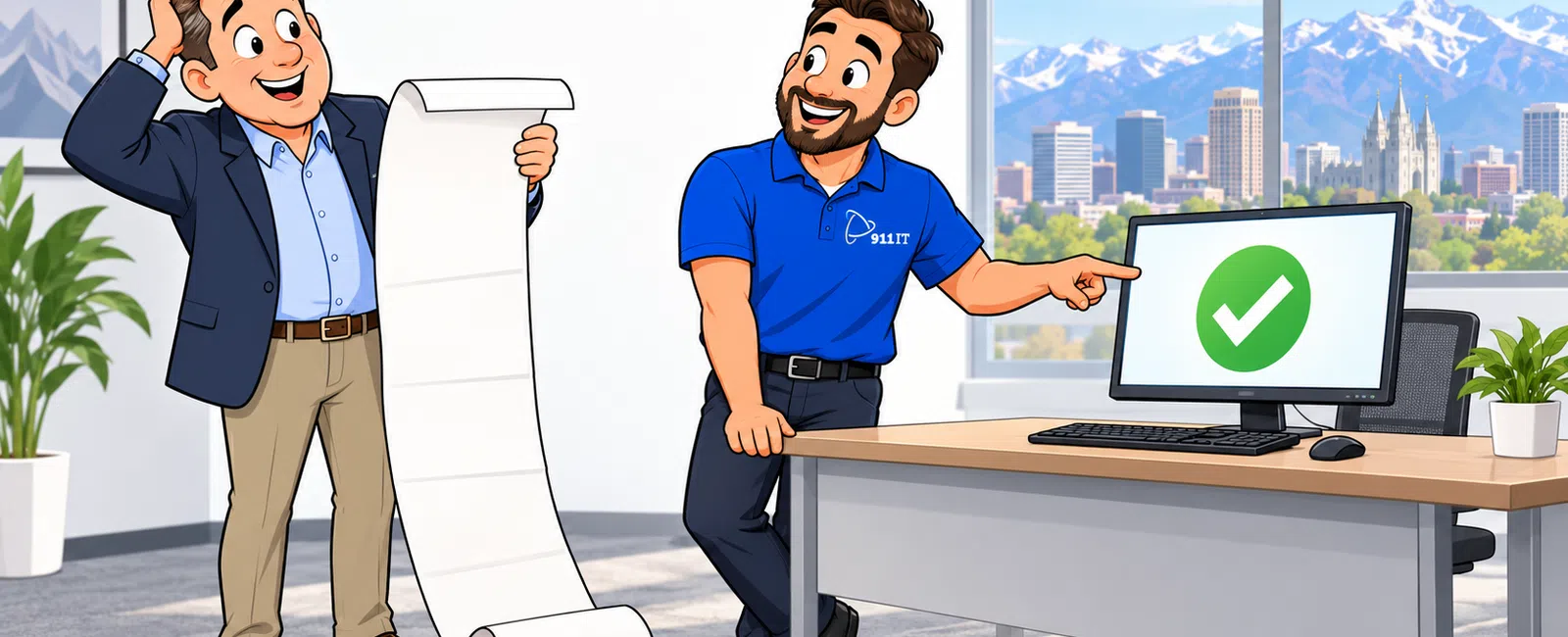 Two men in office showing a long list and a computer screen with a green check, text Results greater than Promises.