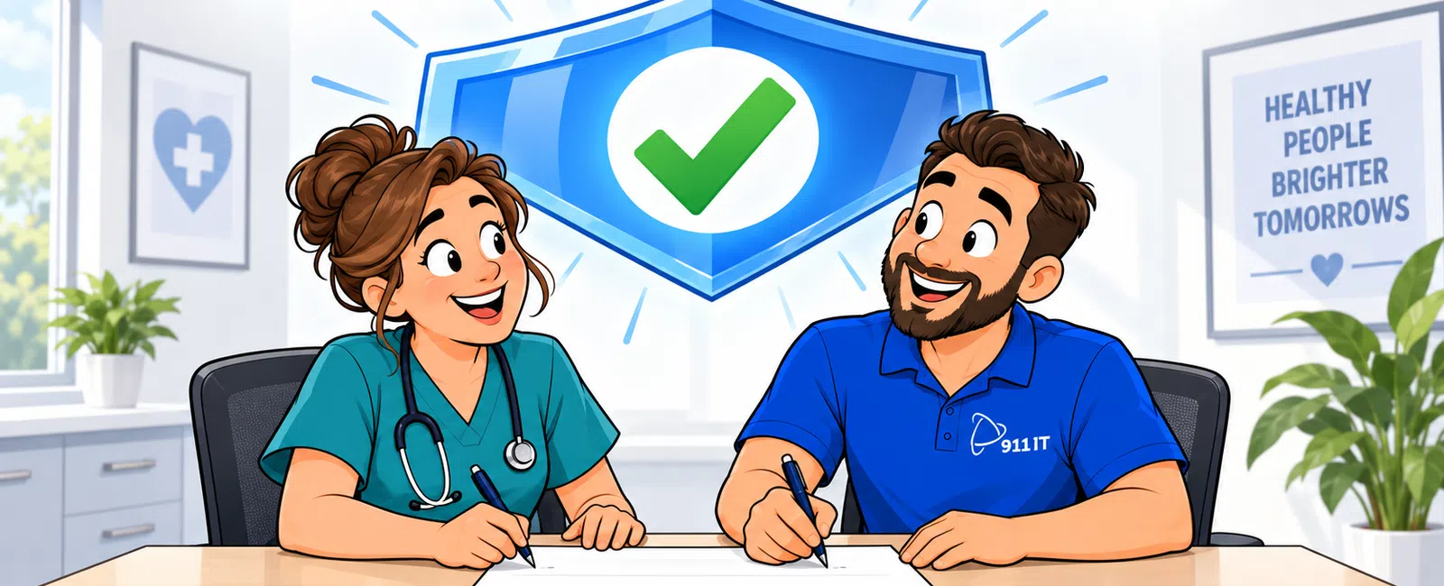 Medical professional and IT specialist happily signing documents under a secure shield with checkmark symbol.
