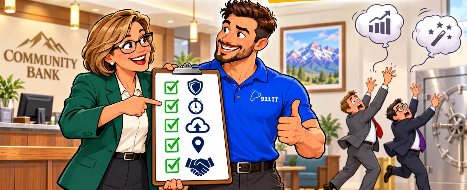 Bank employees in office setting with clipboard checklist, and two businessmen chasing idea balloons, with overlaid text.