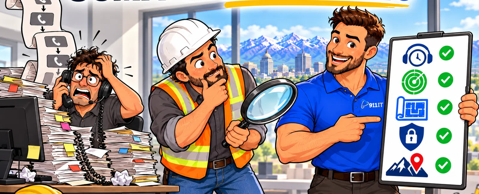 Three men in an office with contracts and blueprints, one holding a checklist and another with a magnifying glass.