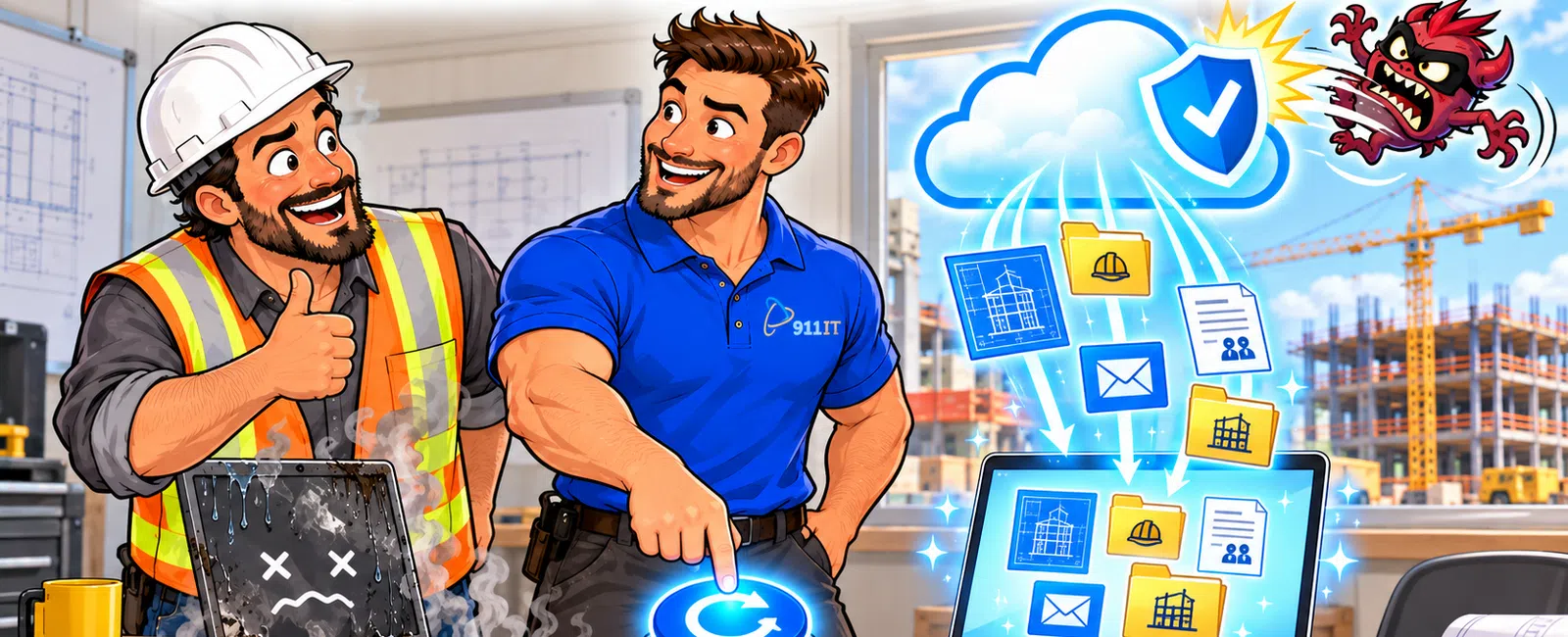Two construction workers backing up data from a broken laptop to a secure cloud on a construction site with overlaid text reading BACKUP TEST RECOVER