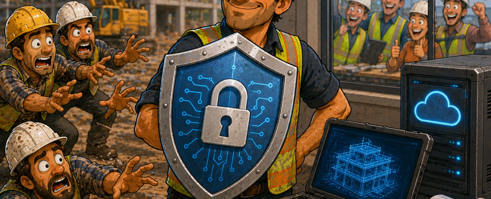 Construction worker with digital shield protecting building plans while others react anxiously at site under construction.