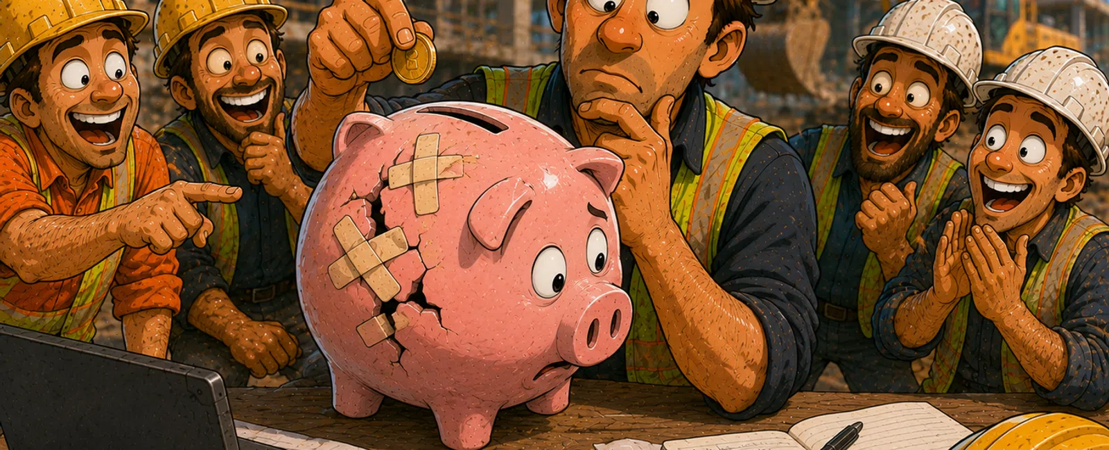 Construction worker hesitates to put coin into cracked piggy bank while colleagues cheer on building site.