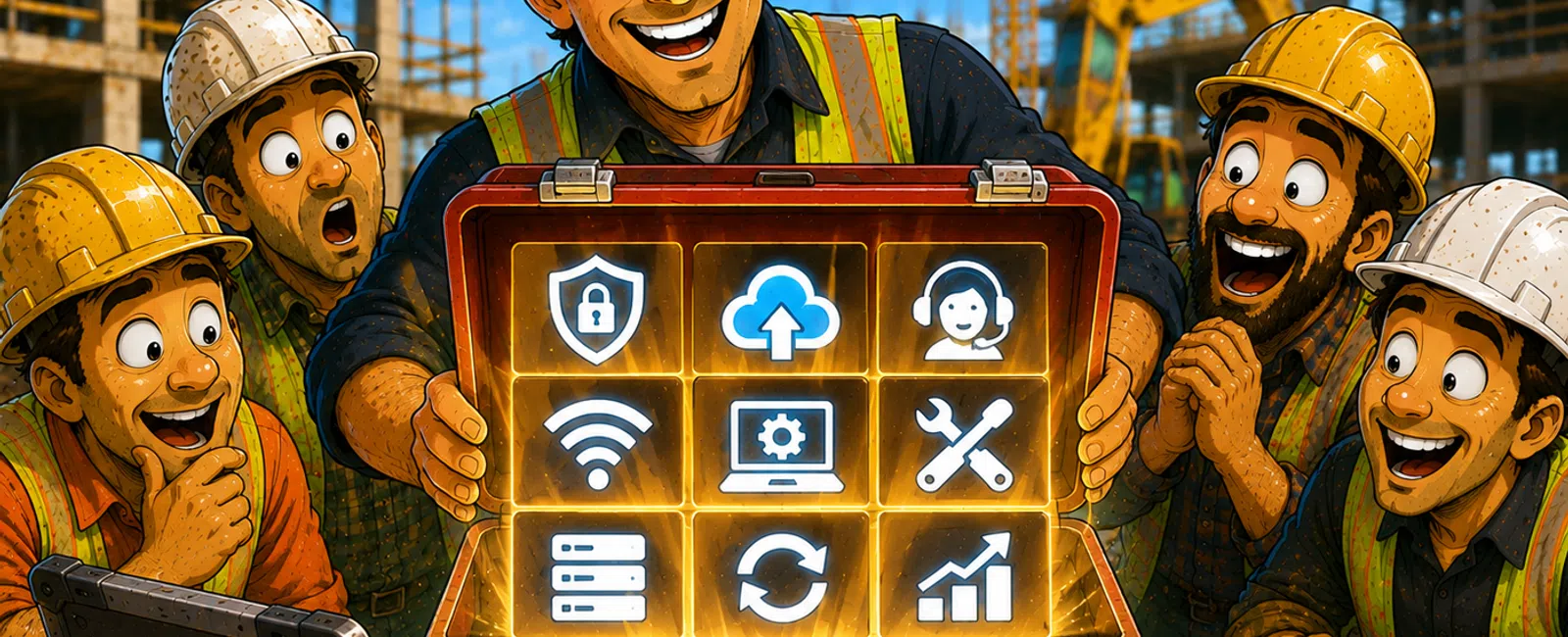 Construction workers excitedly reveal a digital toolbox with icons for security, cloud, support, and technology tools at a building site.