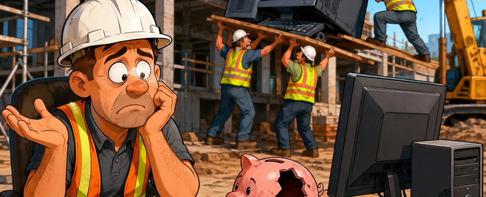 Construction worker at a site looks worried beside a broken piggy bank and blueprints with coworkers lifting a giant computer.