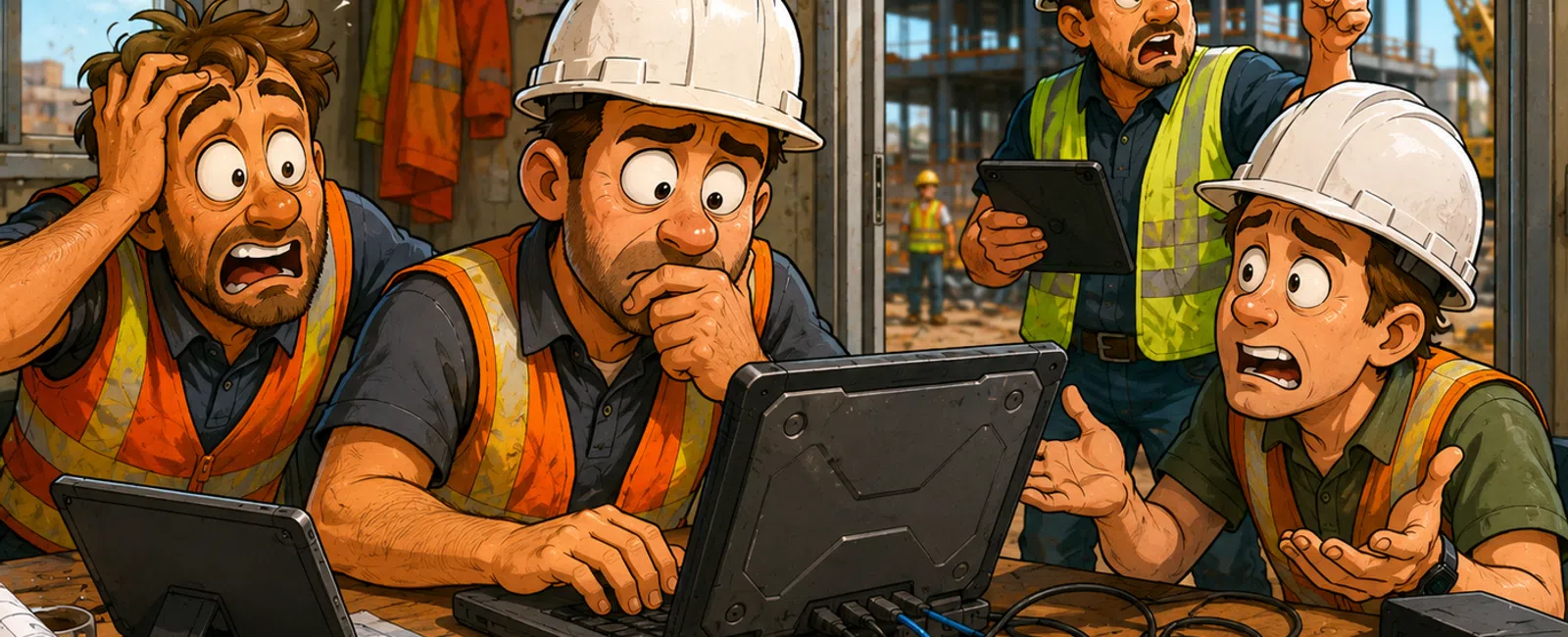 Construction workers in hard hats and safety vests look shocked while reviewing plans and a laptop at a busy site.