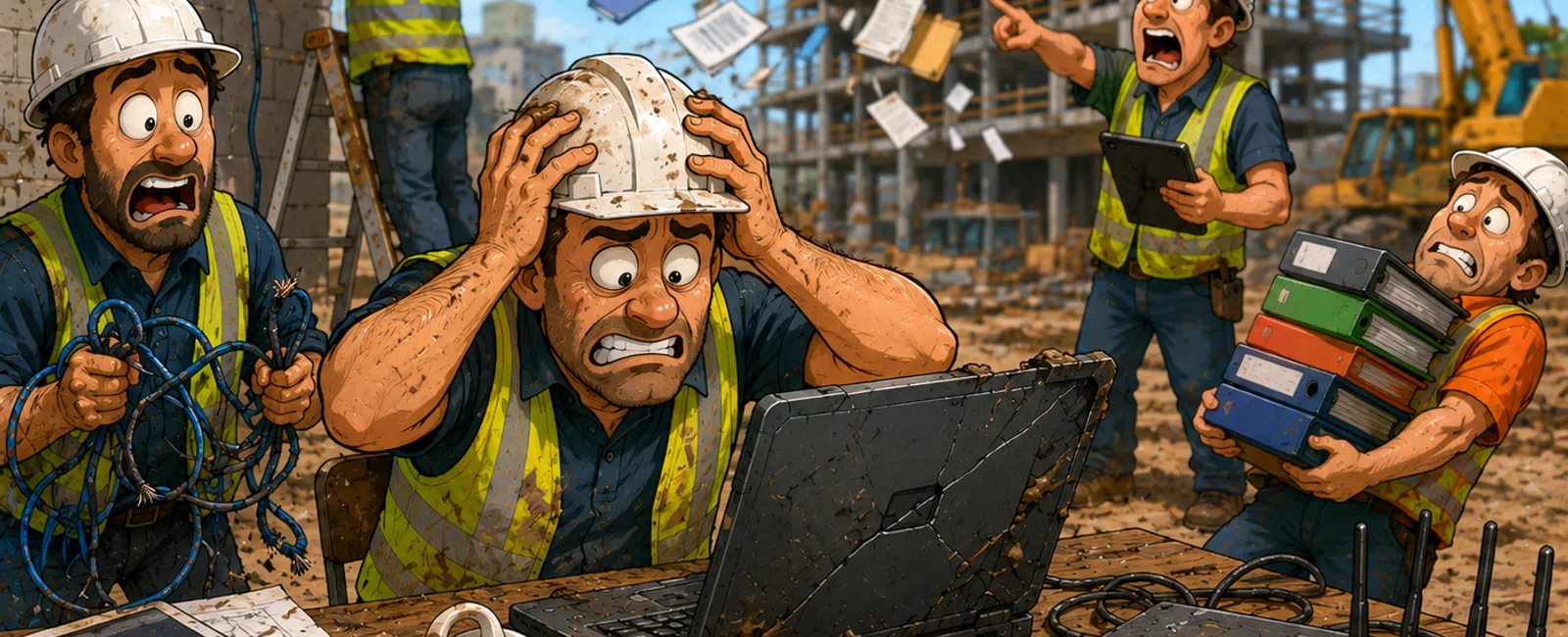 Construction workers struggle with tech failures and cloud data loss on a messy building site under a bright sky.