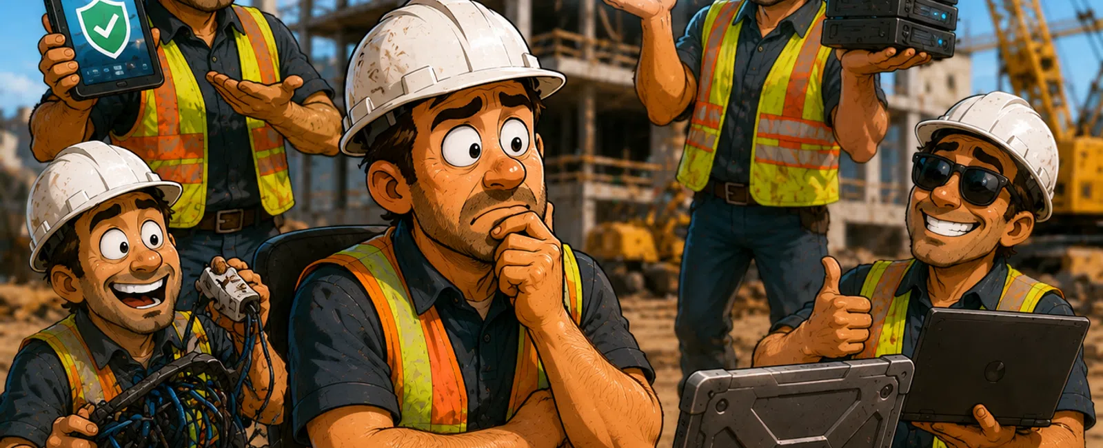 Cartoon construction worker managing technology, cloud computing, and connectivity on building site under construction.