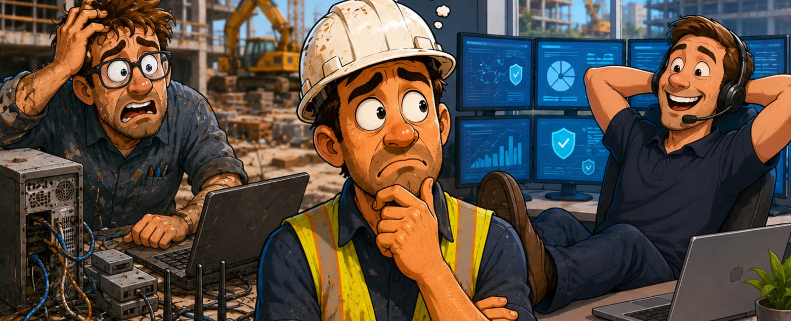 Confused construction worker between stressed technician fixing cables and relaxed office worker monitoring data at construction site