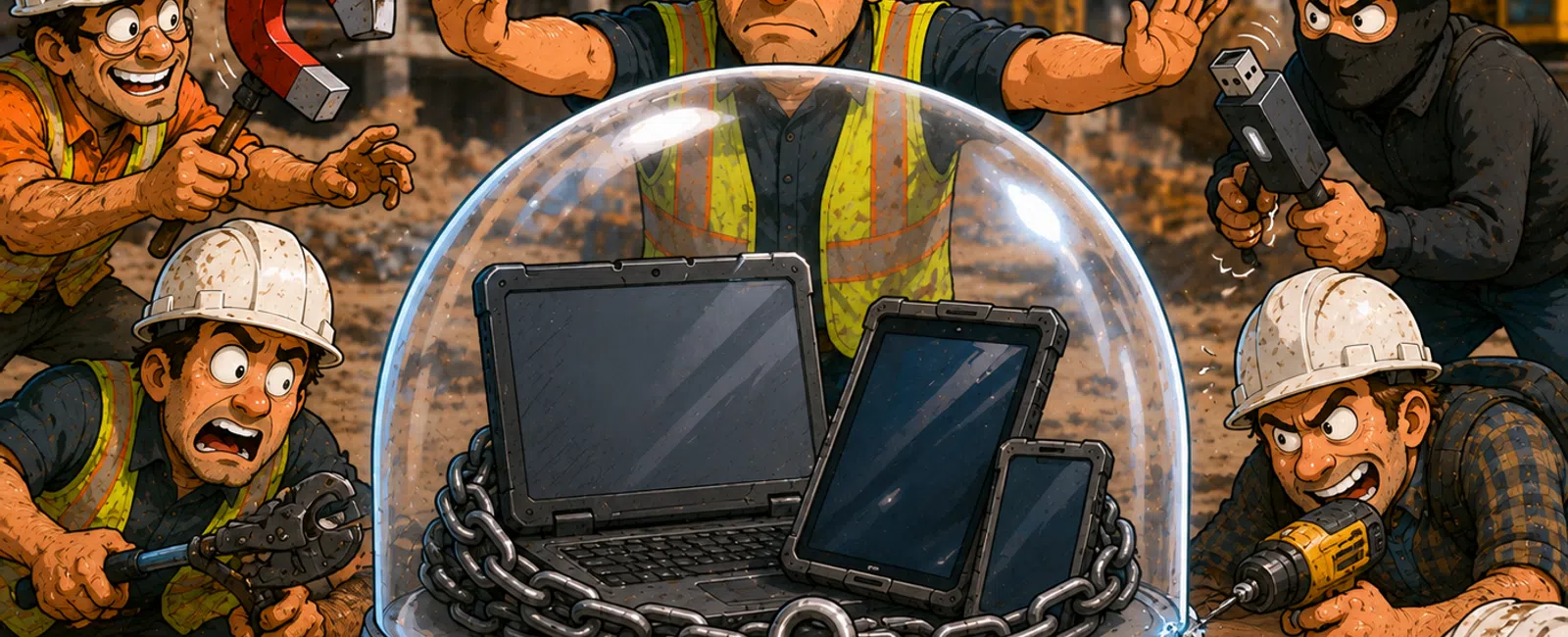 Construction workers surrounding locked laptop, tablet, and phone under a protective dome on a building site.