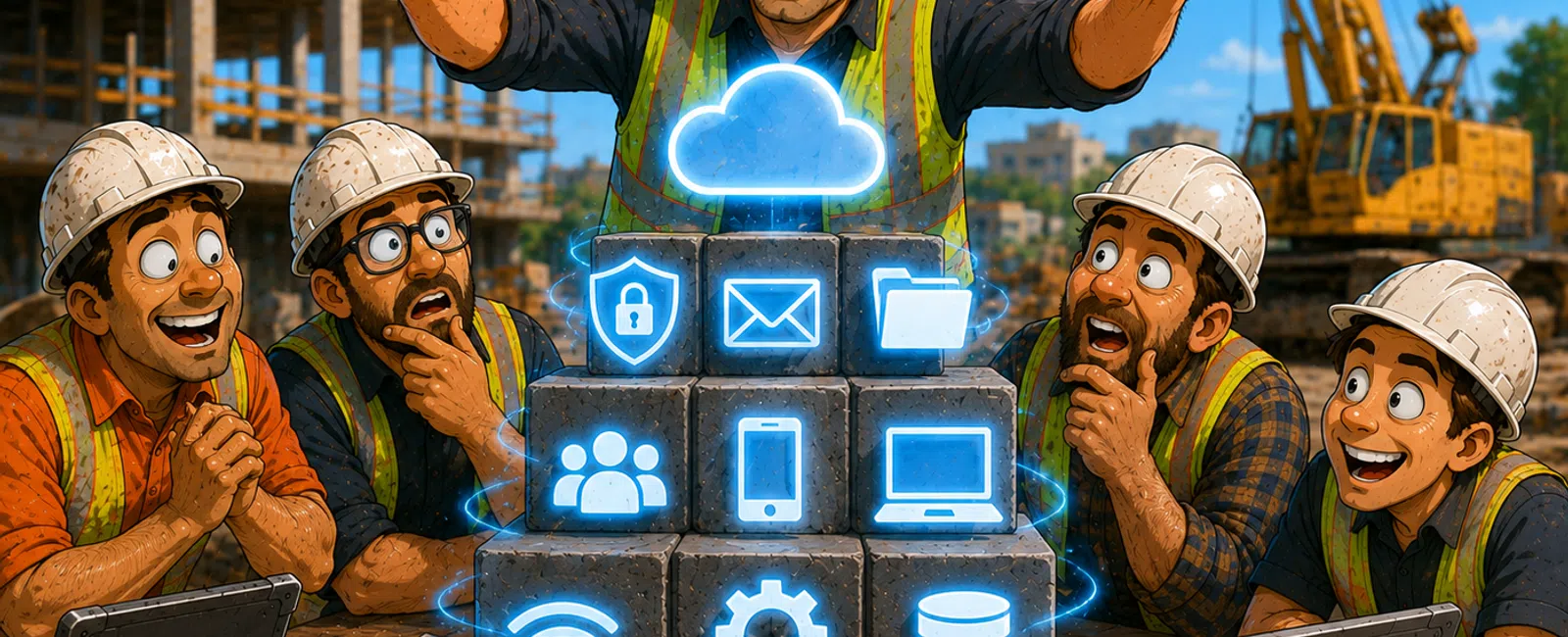 Construction workers in safety gear gather around glowing digital icons representing cloud and tech on site.