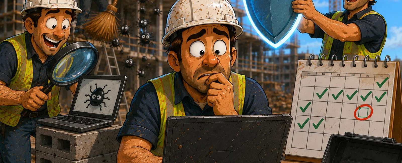 Construction worker discovers computer virus, cleans bugs, and protects system with digital shield on busy construction site.