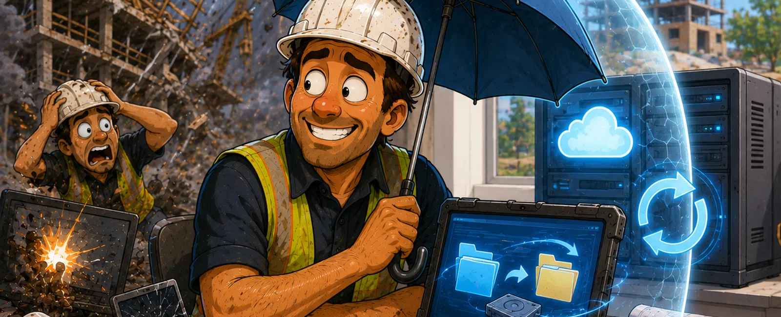 Construction worker protected by a digital shield and umbrella from storm damage while syncing data securely on laptop.