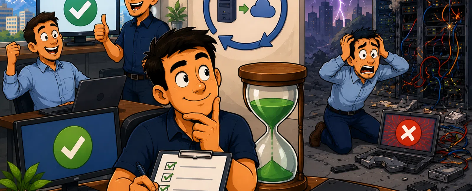Man calmly completing IT tasks successfully while chaotic server failure occurs behind him with lightning and fire damage.