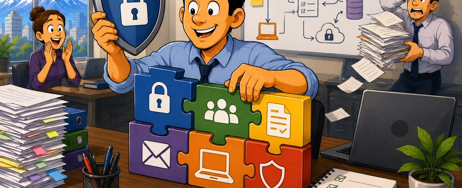 Team assembling puzzle blocks representing data security, collaboration, and communication in a busy office setting.