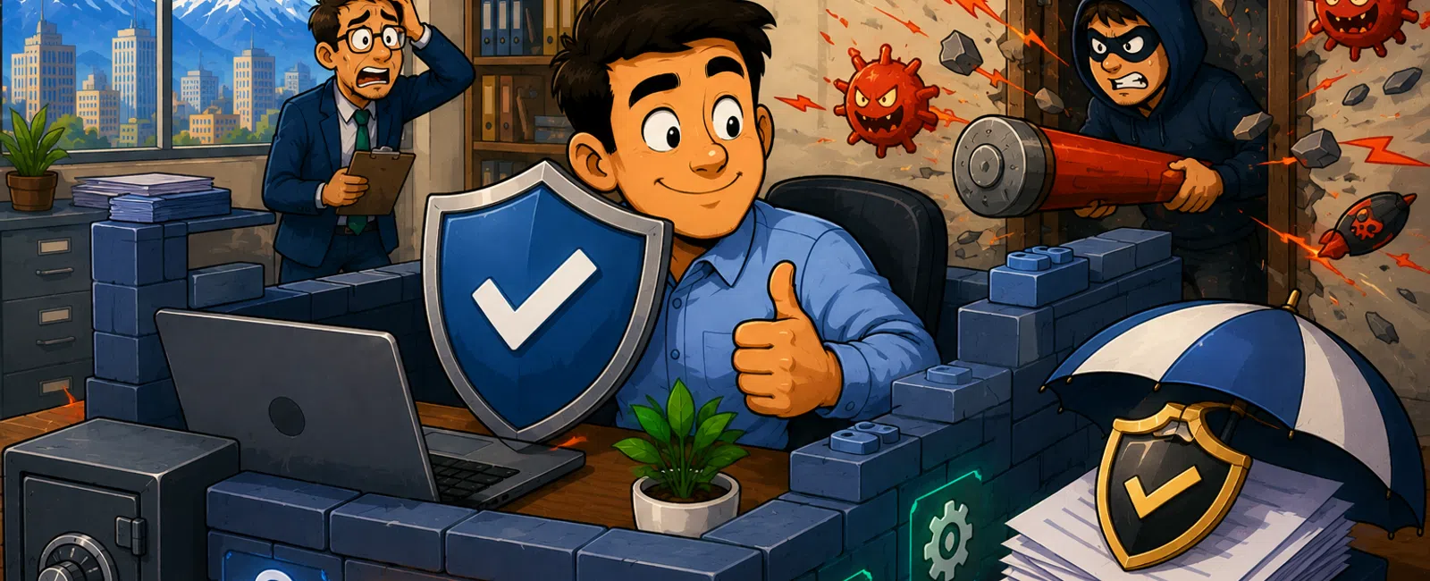 Man confidently shields computer with security icons as hacker attacks with malware viruses in office setting.