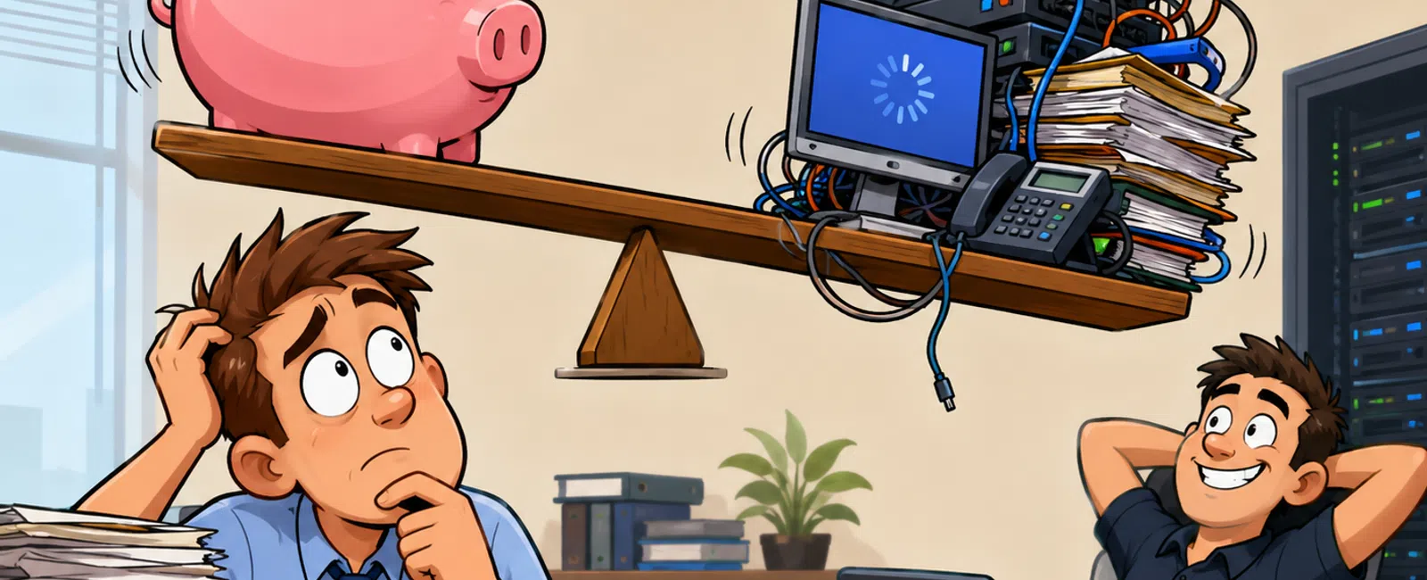 Busy worker stressed with paperwork while relaxed colleague balances piggy bank against tech and files on seesaw.
