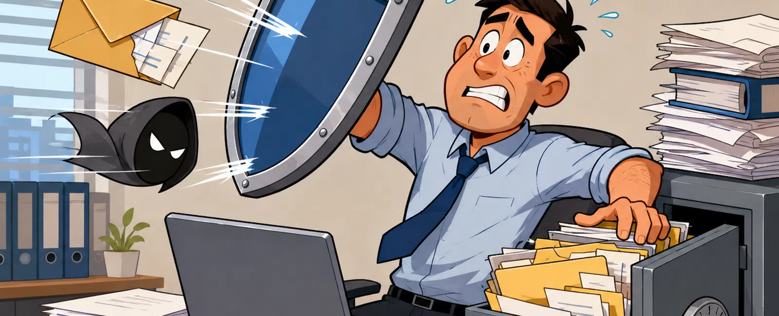 Businessman defending against cyber threats with shield at desk filled with files and laptop in office.