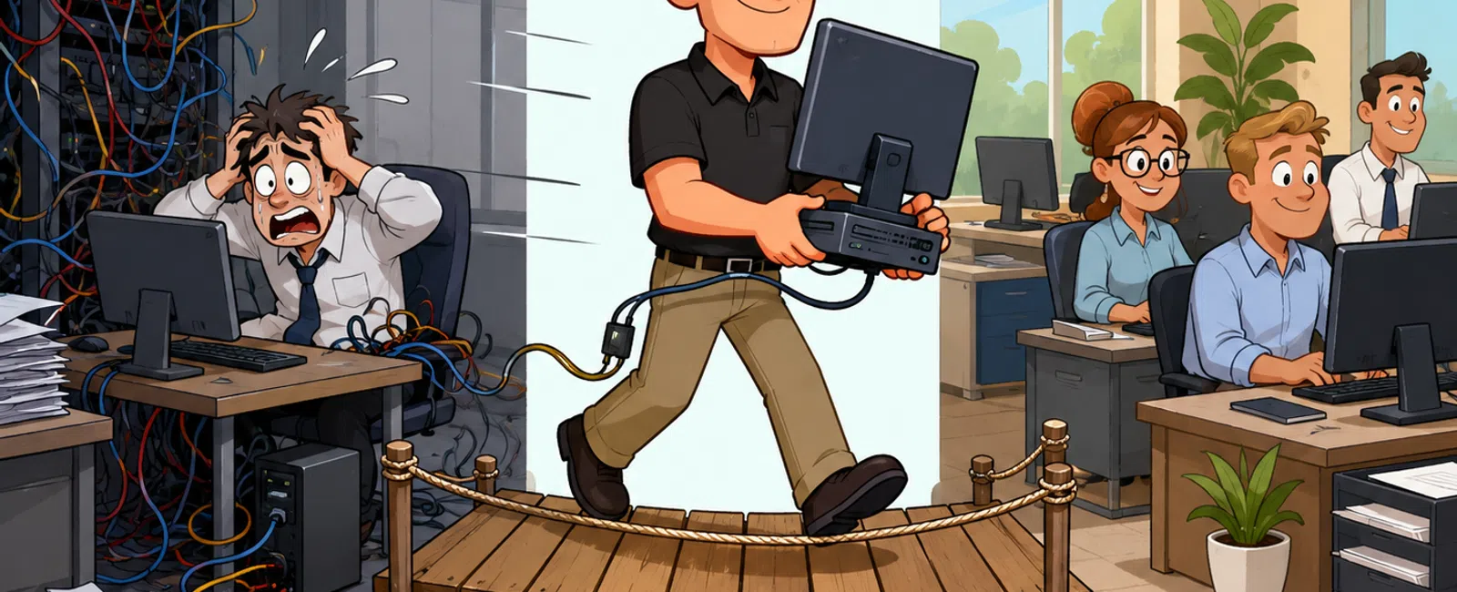 IT worker carrying computer across a suspension bridge from a chaotic server room to a calm, organized office space.