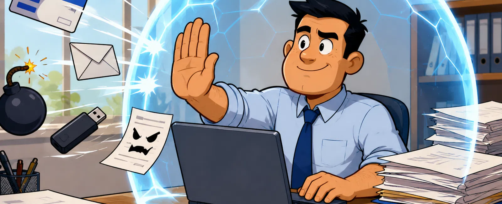 Man in office using a laptop protected by a glowing shield blocking phishing and cyber threats at his desk.