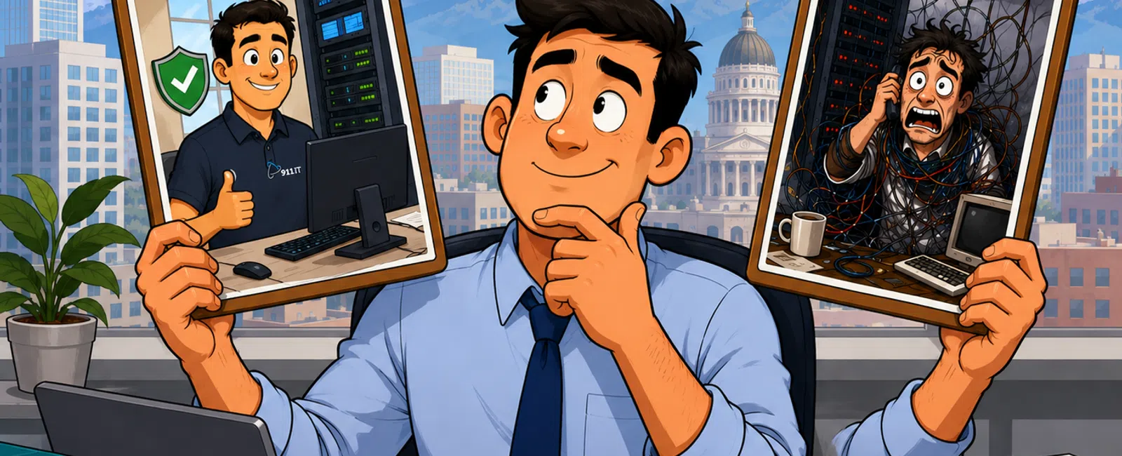 Man in office choosing between organized and chaotic IT support with mountain cityscape background.