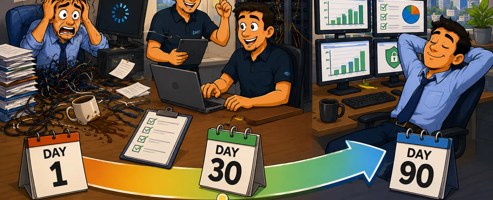 Illustration showing IT support progress from chaos on day 1 to calm success on day 90 with teamwork and data management.