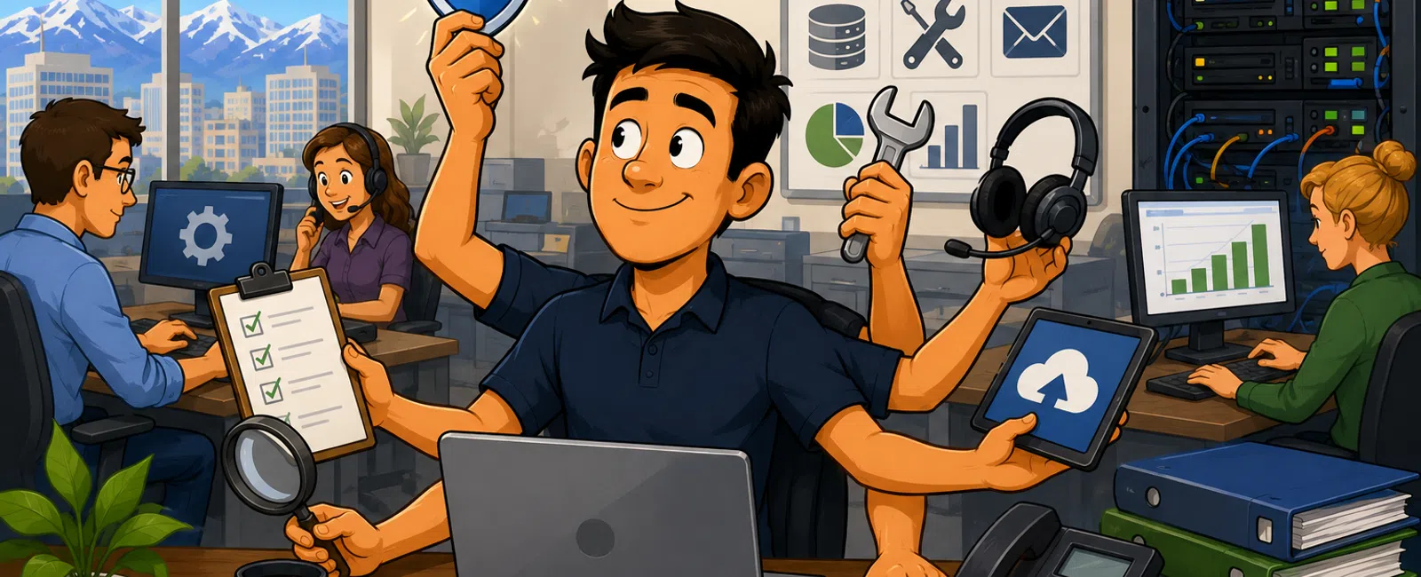 IT professional with multiple arms manages cybersecurity, cloud, tools, and communication in a busy office setting.