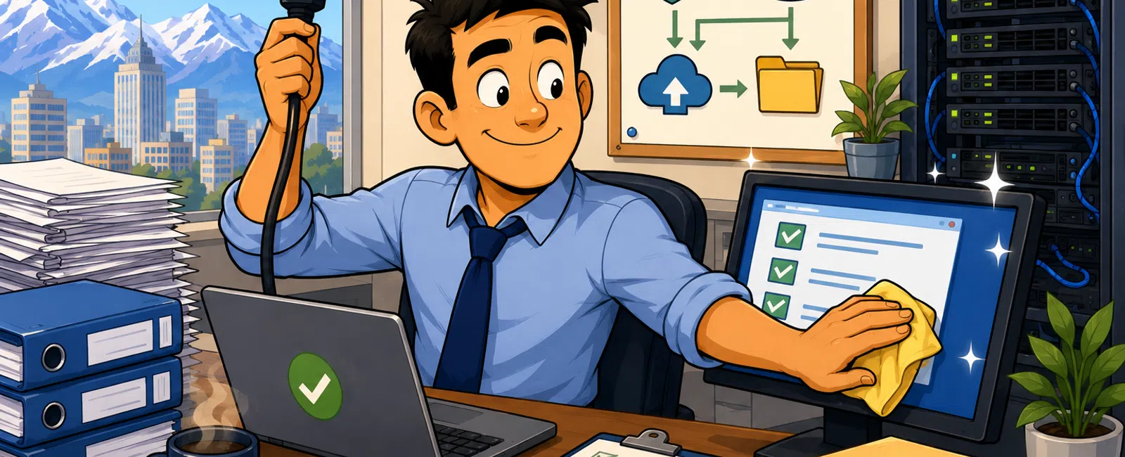 Man cleaning computer screen and unplugging laptop in an organized office with data backup diagram on wall.