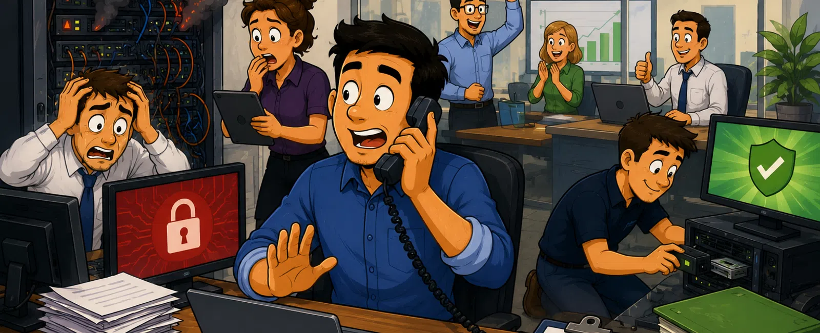 IT team urgently manages a critical server crash with smoke and locked system, while others monitor system security and celebrate.