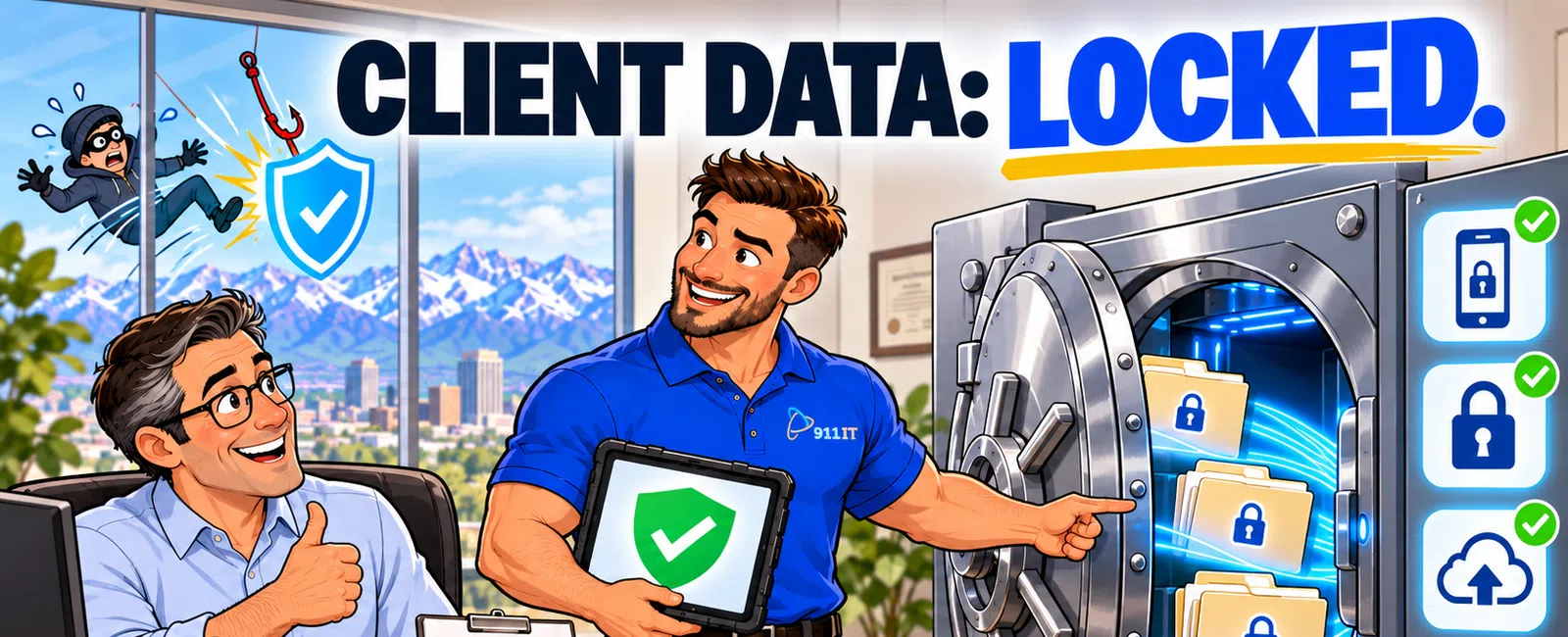 IT professional securing client data in a digital vault with locked folders, ensuring cybersecurity and data protection.
