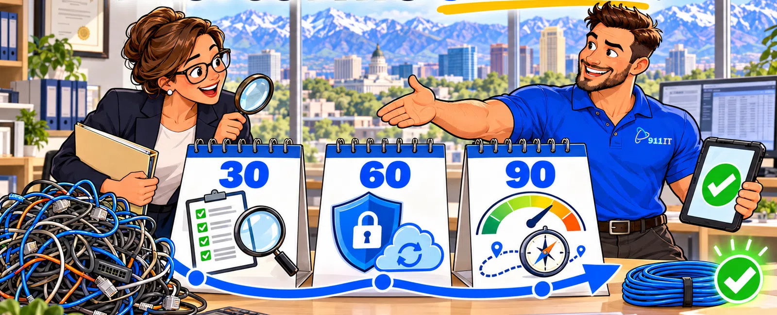 Two professionals tracking a 30-60-90 day plan with clear progress icons in an office overlooking a city and mountains.