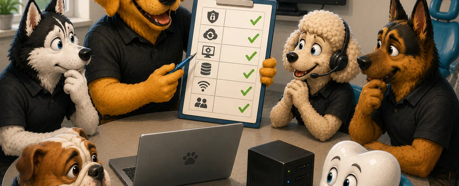 Anthropomorphic dogs and a tooth character in a meeting room reviewing a checklist with dental and tech icons.